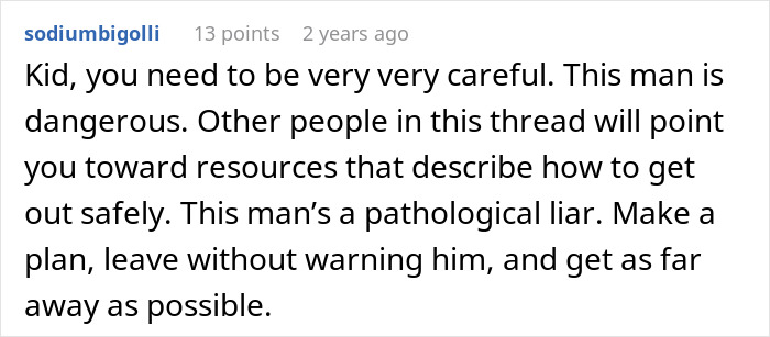 Comment warning about a man lying, describing him as a pathological liar and advising caution and safety measures. Comment warning about a man lying, describing him as a pathological liar and advising caution and safety measures.