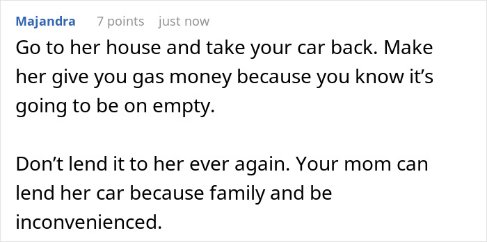 Text advice about reclaiming a borrowed car after it's kept for days and asking for gas money from the borrower.