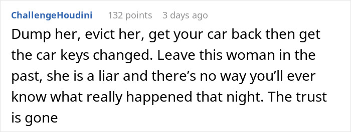 Screenshot of an online comment discussing a man kicking out his girlfriend after she secretly went clubbing and lost his car. Screenshot of an online comment discussing a man kicking out his girlfriend after she secretly went clubbing and lost his car.