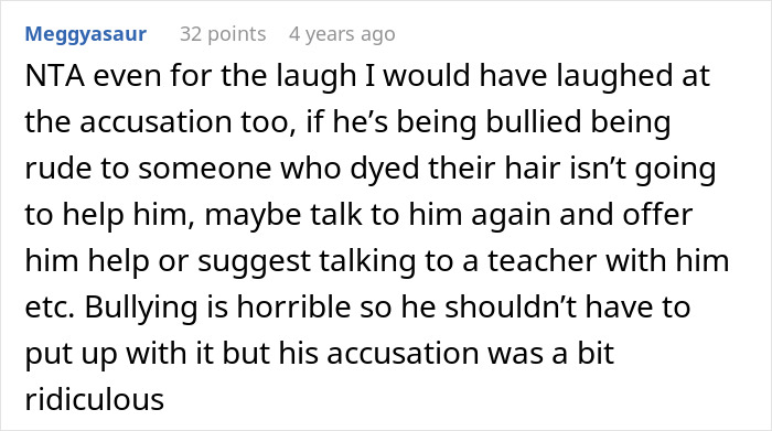 Comment explaining a classmate drama involving dyeing hair orange and dealing with bullying and accusations. Comment explaining a classmate drama involving dyeing hair orange and dealing with bullying and accusations.