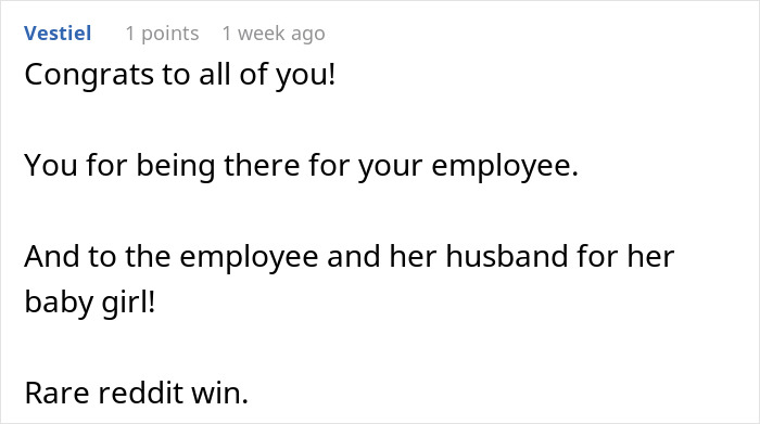 Screenshot of a Reddit comment congratulating support for an employee and celebrating a baby girl in a workplace discussion.