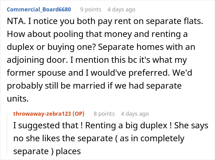 Commenters discussing renting separate flats or a duplex as a solution for a pregnant girlfriend refusing to move together.