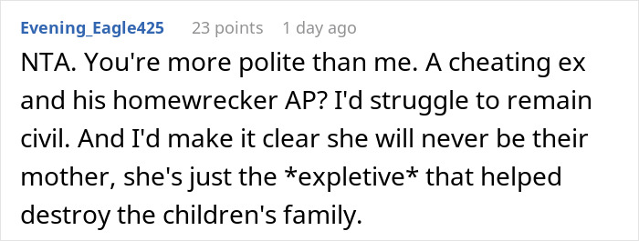Screenshot of a Reddit comment discussing a cheating husband and his mistress in a family conflict thread. Screenshot of a Reddit comment discussing a cheating husband and his mistress in a family conflict thread.