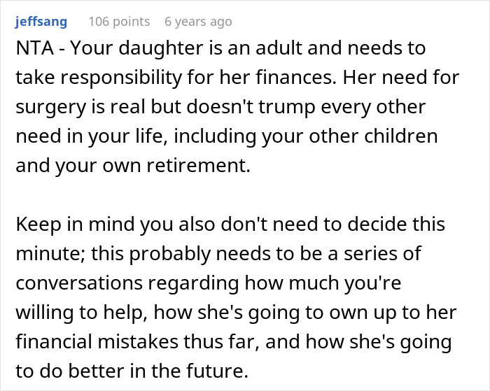 Comment discussing daughter money responsibilities and surgeries, emphasizing financial accountability and planning for future needs. Comment discussing daughter money responsibilities and surgeries, emphasizing financial accountability and planning for future needs.