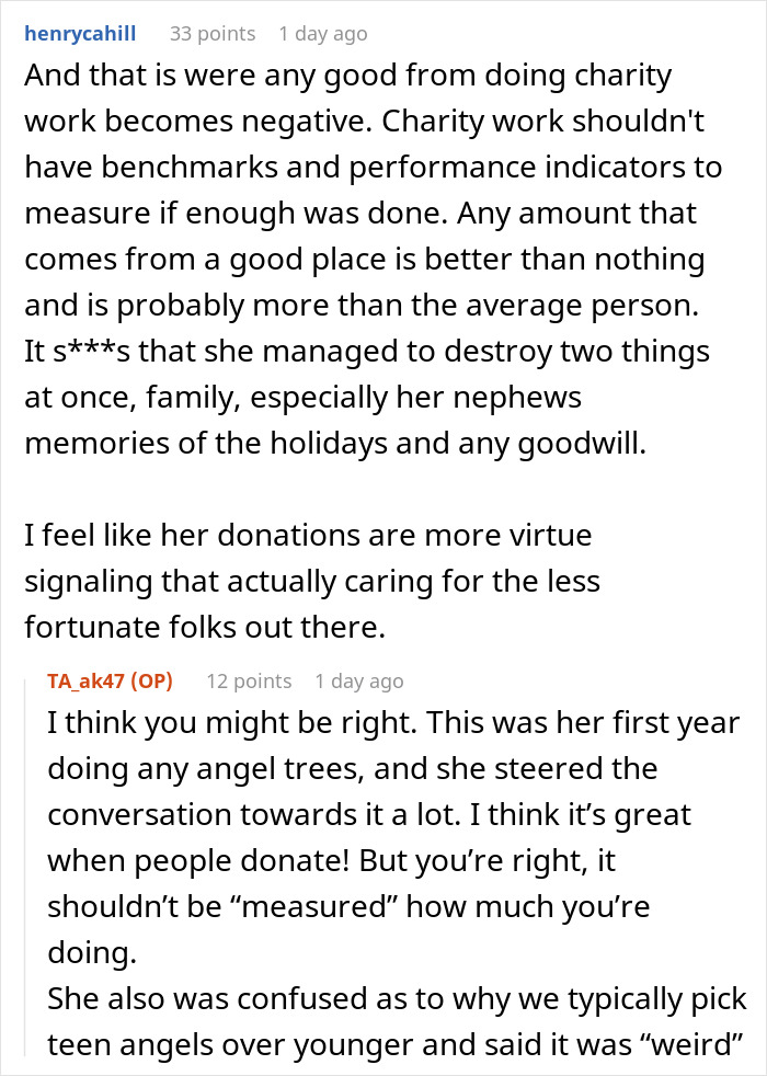 Screenshot of a forum discussing a woman deciding to destroy child's Christmas presents over charity efforts disagreements. Screenshot of a forum discussing a woman deciding to destroy child's Christmas presents over charity efforts disagreements.