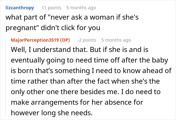 Online discussion about whether a boss should ask an employee if she is pregnant in a right to fire state.