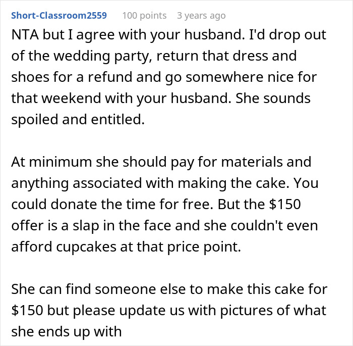Text excerpt from online discussion about bride wanting to upgrade honeymoon at bridesmaid's expense and facing backlash.