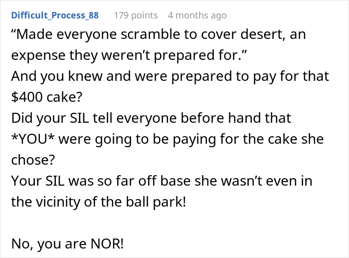 Screenshot of a Reddit comment discussing a rich man refusing to pay for a cake his sister-in-law ordered secretly. Screenshot of a Reddit comment discussing a rich man refusing to pay for a cake his sister-in-law ordered secretly.