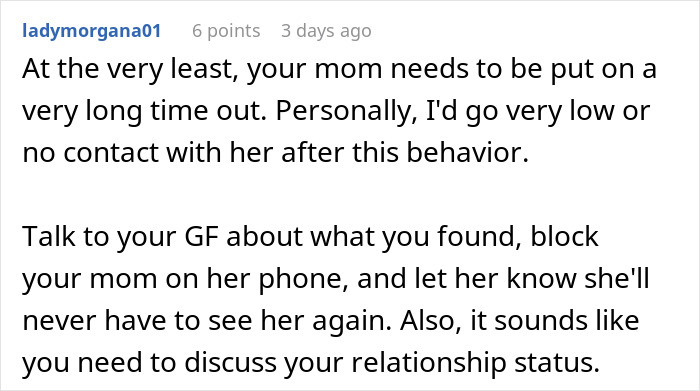Comment advice on cutting ties with mother after revealing true colors through texts to girlfriend in online forum.