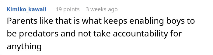 Comment on parenting and bullying, addressing refusal to discipline son and gender-based blame at the playground. Comment on parenting and bullying, addressing refusal to discipline son and gender-based blame at the playground.