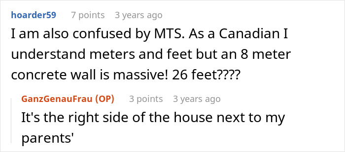 Screenshot of a Reddit conversation discussing an 8 meter concrete wall and a neighbor’s plant wall dispute.