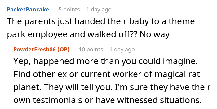Screenshot of an online discussion about a theme park worker left carrying an unknown baby for 30 minutes as parents vanish. Screenshot of an online discussion about a theme park worker left carrying an unknown baby for 30 minutes as parents vanish.