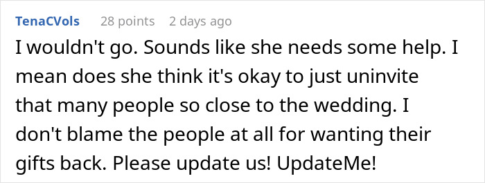 Comment about spiritual bride getting dragged after decision causes chaos and shock two weeks before wedding, expressing concern and disbelief.