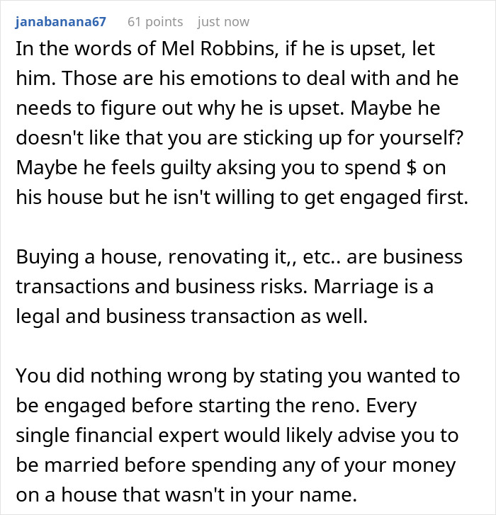 Comment about girlfriend not financing boyfriend’s $100k renovation without engagement ring, discussing marriage as transaction. Comment about girlfriend not financing boyfriend’s $100k renovation without engagement ring, discussing marriage as transaction.