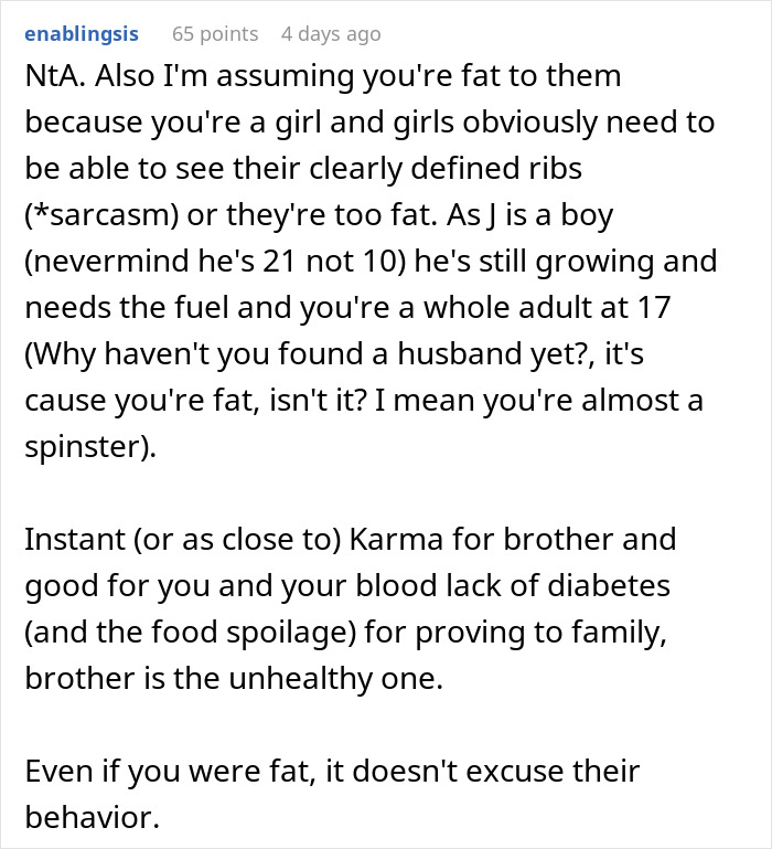 Screenshot of an online comment discussing a brother mocking his sister's weight before developing diabetes himself.