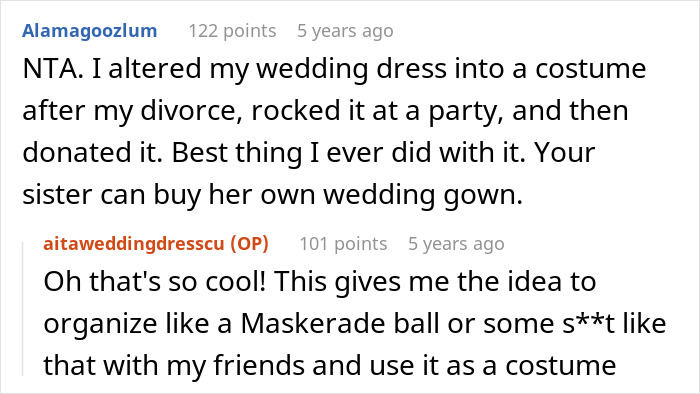Screenshot of an online conversation about a woman remaking her wedding dress instead of giving it to her sister.