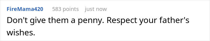 Screenshot of a user comment discussing entitled siblings' rage after learning dad cut them from his will. Screenshot of a user comment discussing entitled siblings' rage after learning dad cut them from his will.