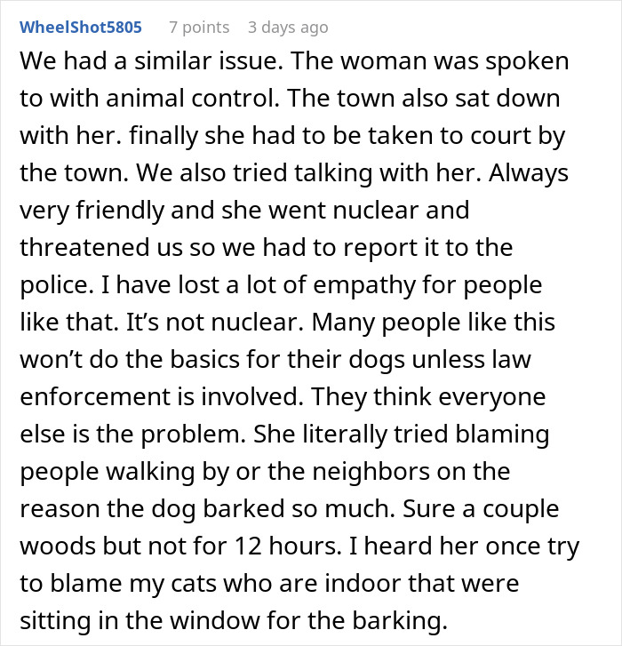 Comment about woman going nuclear on neighbors over dogs barking, involving animal control and police due to noisy dogs. Comment about woman going nuclear on neighbors over dogs barking, involving animal control and police due to noisy dogs.