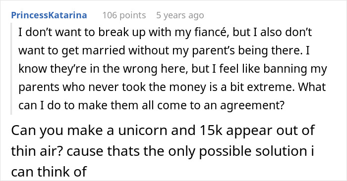 Comment from a user sharing concerns about the bride’s family calling off the wedding over fiancé’s legal threats. Comment from a user sharing concerns about the bride’s family calling off the wedding over fiancé’s legal threats.