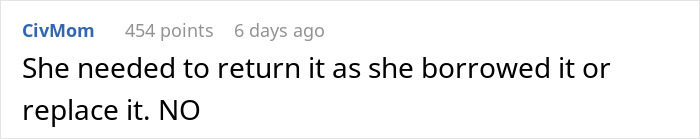 Screenshot of an online comment disputing payment for a borrowed dress that was altered without permission.