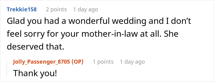 Screenshot of a forum comment praising a bride’s savage revenge on controlling mother-in-law by serving a special meal at the wedding. Screenshot of a forum comment praising a bride’s savage revenge on controlling mother-in-law by serving a special meal at the wedding.