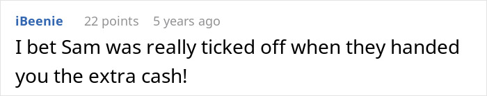 Screenshot of an online comment about Sam’s reaction involving a bagel delivery and corporate comedy context.