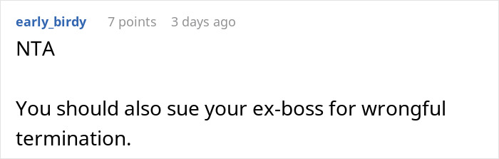 Screenshot of a Reddit comment discussing wrongful termination related to a person’s $1.8K office chair dispute.
