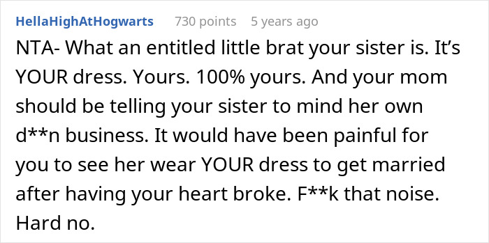 Text post from a forum discussing sister upset about woman remaking her wedding dress instead of giving it to her.