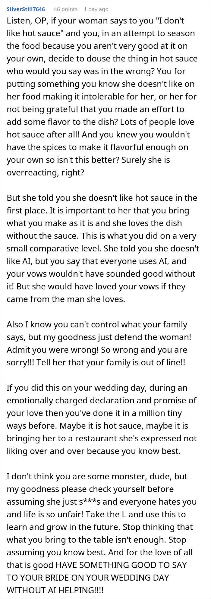 Reddit comment discussing a groom writing wedding vows with ChatGPT and the bride running away from the altar. Reddit comment discussing a groom writing wedding vows with ChatGPT and the bride running away from the altar.