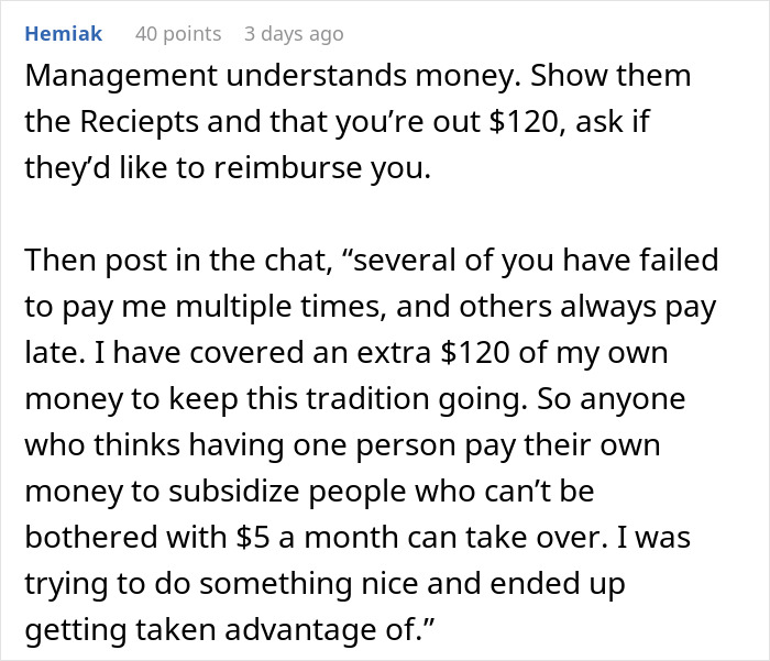Text post about coworkers ghosting payments on Venmo, causing frustration for the birthday organizer trying to keep the tradition alive.