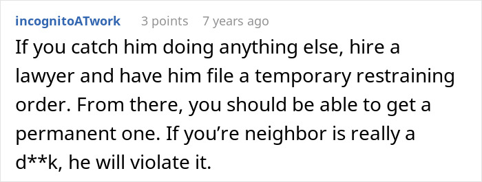 Text comment about hiring a lawyer and restraining orders related to a neighbor dispute involving kids and injury.