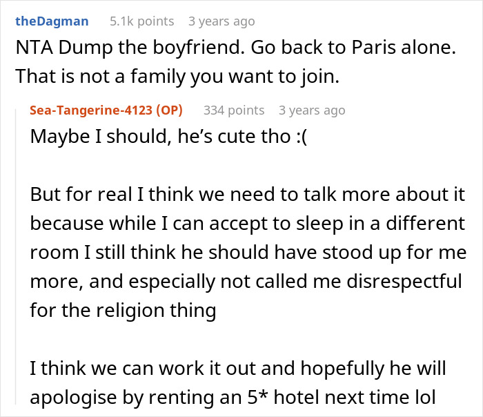 Screenshot of an online discussion about a MIL making son's girlfriend sleep in a different room due to religious differences.