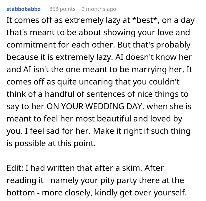Screenshot of a Reddit comment criticizing wedding vows written using AI like ChatGPT as lazy and uncaring on a wedding day. Screenshot of a Reddit comment criticizing wedding vows written using AI like ChatGPT as lazy and uncaring on a wedding day.