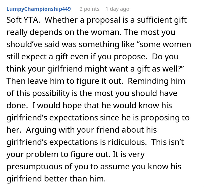Comment discussing if a man’s proposal counts as a Christmas gift and relationship expectations around gifts. Comment discussing if a man’s proposal counts as a Christmas gift and relationship expectations around gifts.