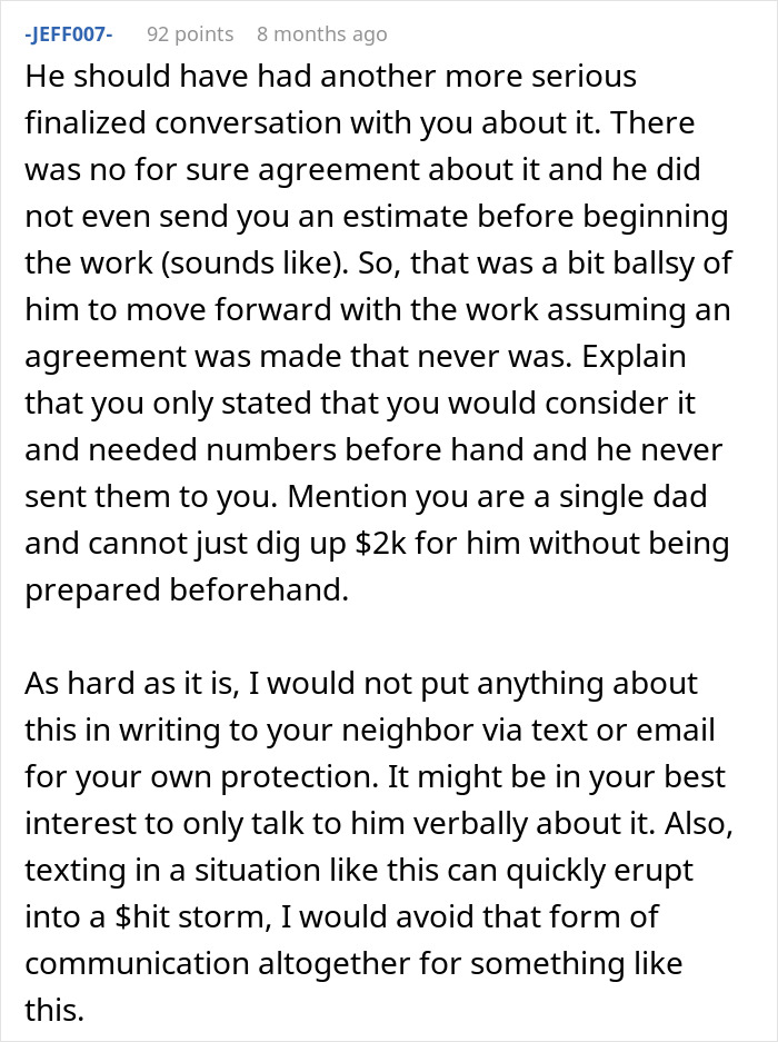 Comment discussing a man refusing to pay $2000 after neighbor replaces rotten fence without agreement. Comment discussing a man refusing to pay $2000 after neighbor replaces rotten fence without agreement.