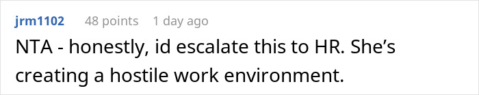 Screenshot of a Reddit comment advising to escalate to HR due to hostile work environment after working from home. Screenshot of a Reddit comment advising to escalate to HR due to hostile work environment after working from home.