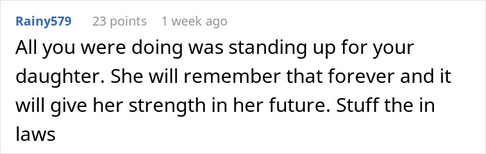 Screenshot of a comment expressing support for a mother defending her daughter’s paganism against mocking in-laws.