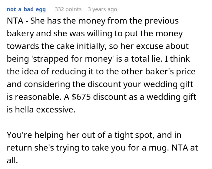 Reddit comment discussing a bride trying to upgrade her honeymoon at bridesmaid’s expense and facing reality check.