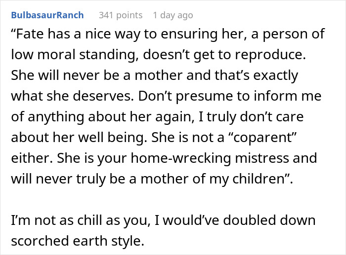 Comment discussing cheating husband furious at ex-wife for ignoring mistress infertility, highlighting resentment and harsh feelings. Comment discussing cheating husband furious at ex-wife for ignoring mistress infertility, highlighting resentment and harsh feelings.