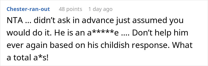 Screenshot of a Reddit comment about a guy assuming GF's son is a free babysitter and being called out for it.