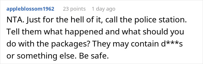 Comment urging to call police about packages sent to wrong address, discussing company’s handling of the issue and safety concerns.