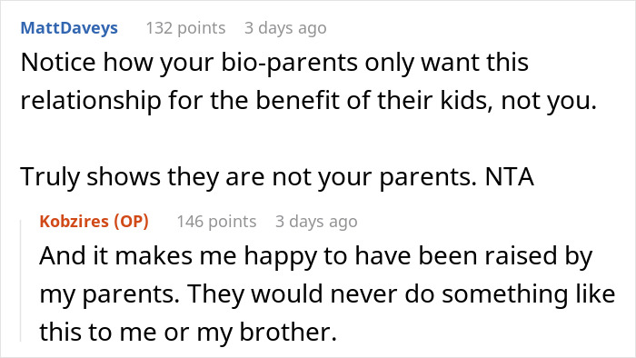Reddit conversation discussing parents wanting their abandoned son to play happy family with siblings after 17 years. Reddit conversation discussing parents wanting their abandoned son to play happy family with siblings after 17 years.