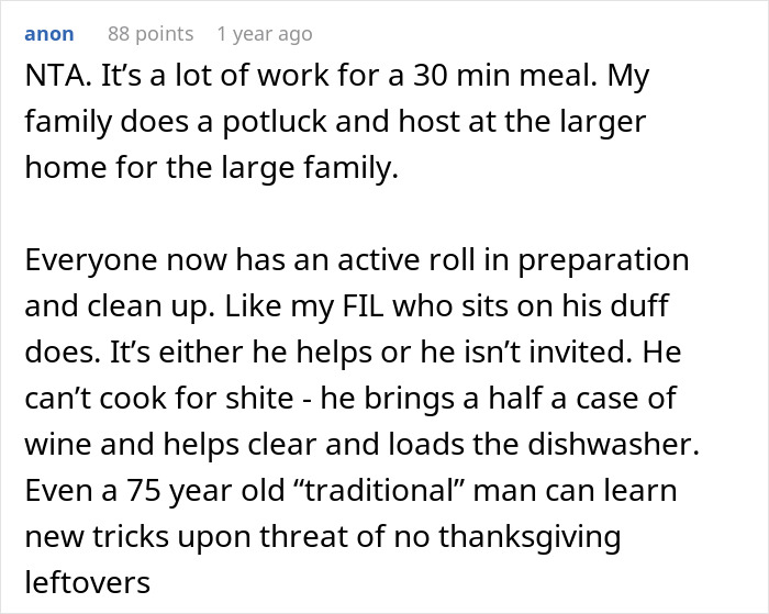 Comment discussing the challenges of hosting a traditional family Thanksgiving and sharing household roles. Comment discussing the challenges of hosting a traditional family Thanksgiving and sharing household roles.