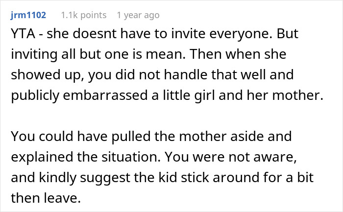 Comment criticizing a mom for backing her 13YO daughter’s mean plan to exclude one girl from a school invitation. Comment criticizing a mom for backing her 13YO daughter’s mean plan to exclude one girl from a school invitation.