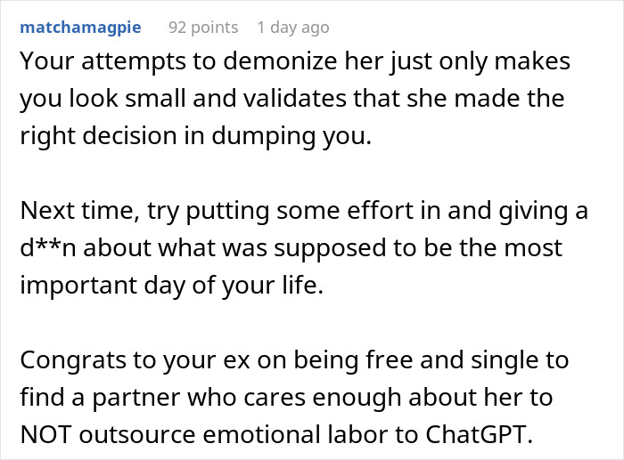 Comment criticizing outsourcing wedding vows to ChatGPT, highlighting emotional labor and AI use issues. Comment criticizing outsourcing wedding vows to ChatGPT, highlighting emotional labor and AI use issues.