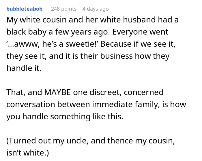 Text post discussing family reactions and handling of a baby’s skin color variation, referencing DNA test demands. Text post discussing family reactions and handling of a baby’s skin color variation, referencing DNA test demands.