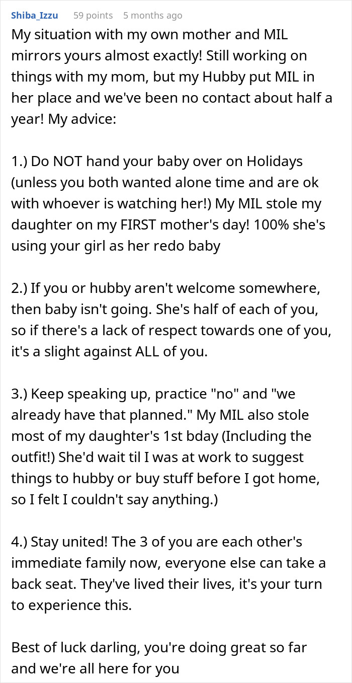 Comment discussing why a mom feels uncomfortable leaving her baby alone with mom or MIL and shares advice.