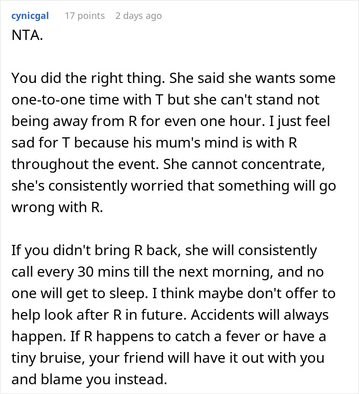 Screenshot of a forum comment discussing a friend agreeing to babysit overnight while mom panic calls every 30 minutes. Screenshot of a forum comment discussing a friend agreeing to babysit overnight while mom panic calls every 30 minutes.