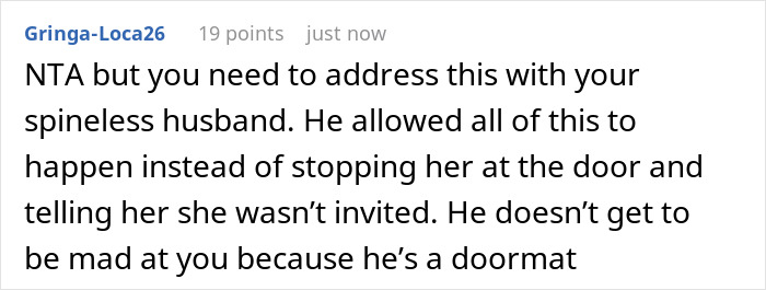 Reddit comment addressing MIL hogging Thanksgiving food and the husband being a doormat in the family conflict.