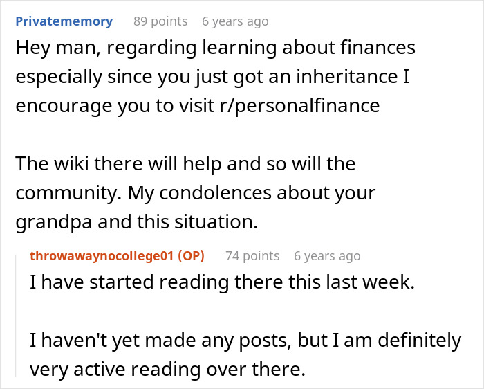 Reddit conversation about finances, inheritance, and seeking advice on college money and family affairs. Reddit conversation about finances, inheritance, and seeking advice on college money and family affairs.